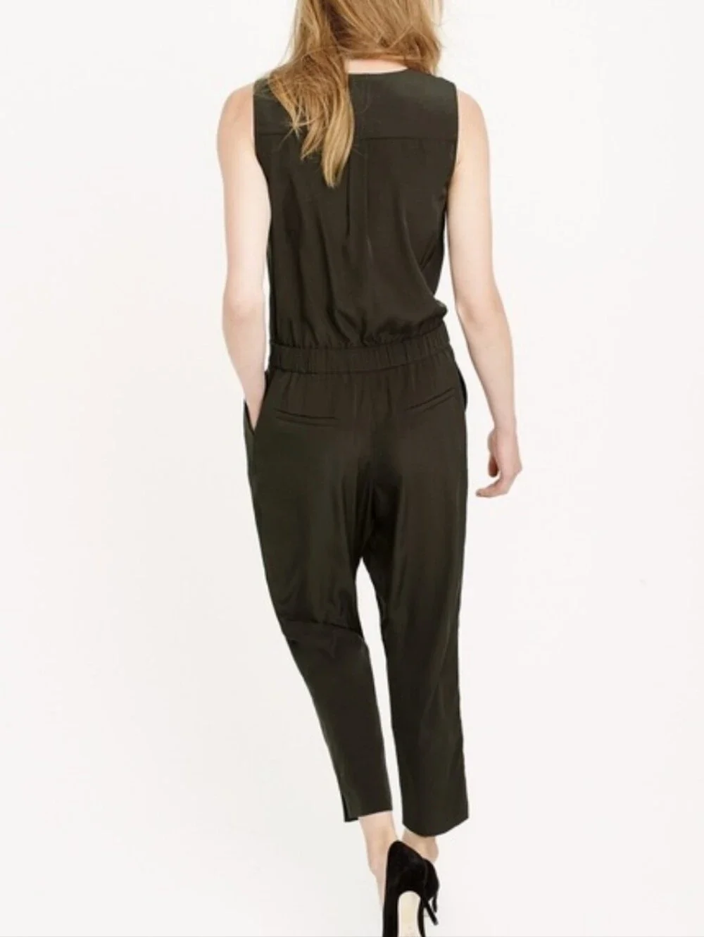 J Crew Trench Jumpsuit Sleeveless Army Green Silky Soft Button Top Classic 2